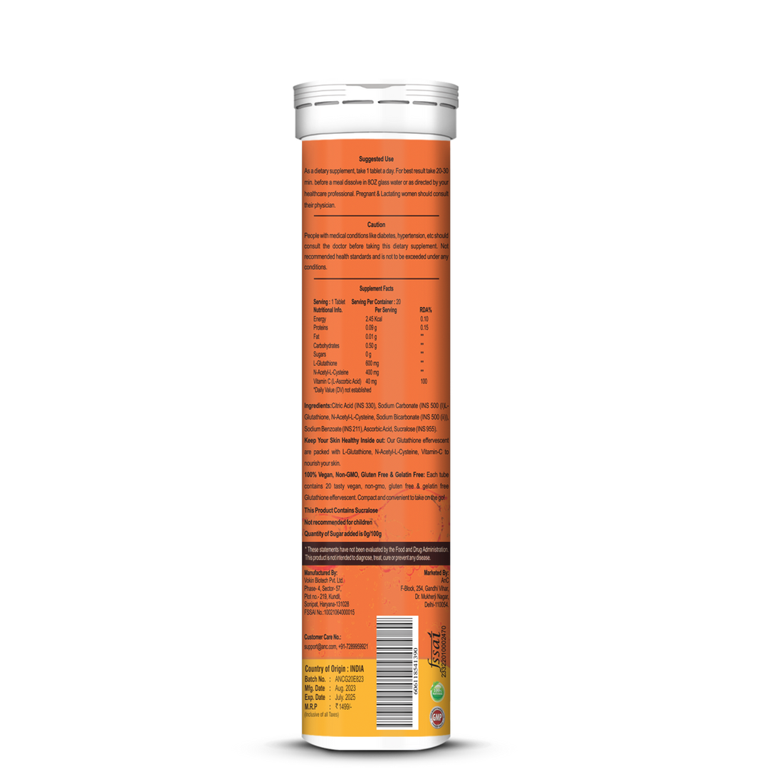 ANC L-Glutathione 600mg With Vitamin C for Glowing Skin, Antioxidants, Skin Lightening,Detoxification Pigmentation, and Tan Removal For Men & Women- 20 Effervescent Tablets