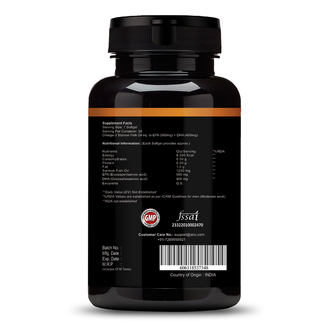 ANC Triple Strength Fish Oil Omega 3 Capsules for Men & Women,1250mg Fish Oil, 560mg EPA, 400mg DHA,Protects Vision,No Fishy Aftertaste, Supports Family Health (30 Softgels)