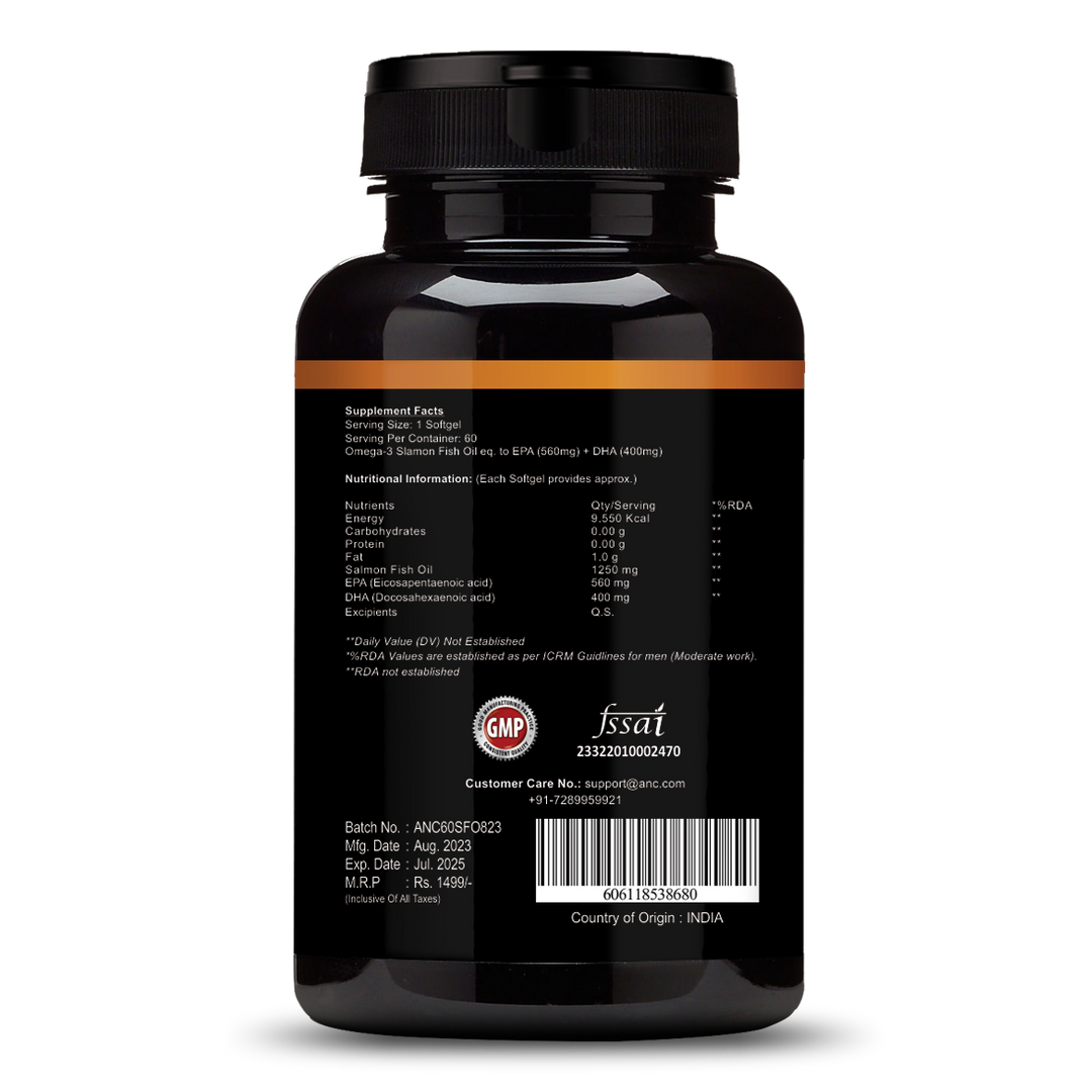 ANC Triple Strength Fish Oil Omega 3 Capsules for Men & Women,1250mg Fish Oil, 560mg EPA, 400mg DHA,Protects Vision,No Fishy Aftertaste, Supports Family Health (60 Softgels)