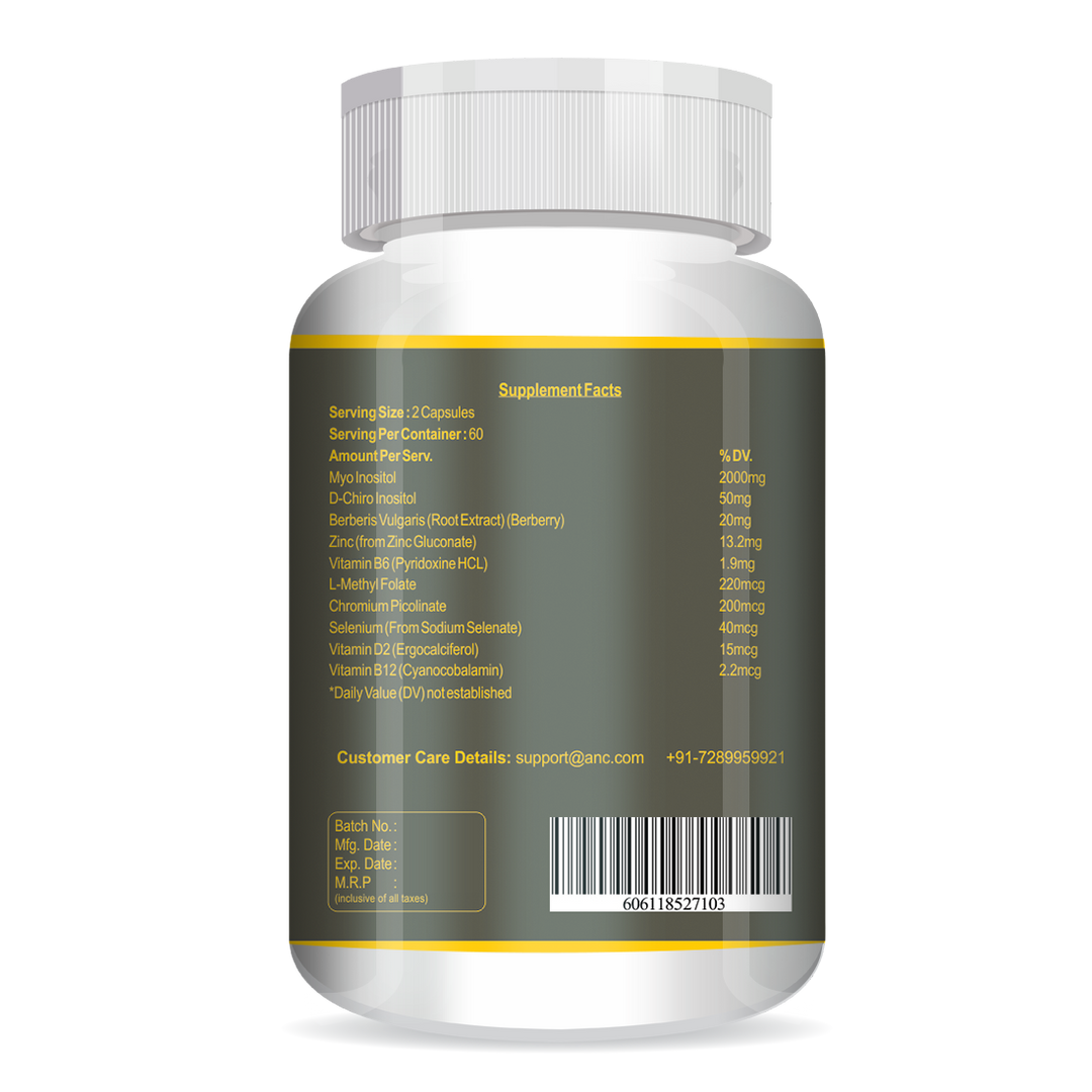 ANC PCOS Supplement - 40:1 Ratio 2000mg Myo-Inositol to 50mg with PCOS Vitamins & Minerals for women 60 Capsules