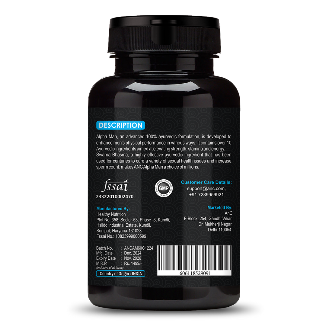 ANC Alpha Man for Men | Stamina Booster & Energy Support | Enhances Performance, Vitality & Strength | Muscle & Endurance Support | Enriched with Saponins | 60 Capsule