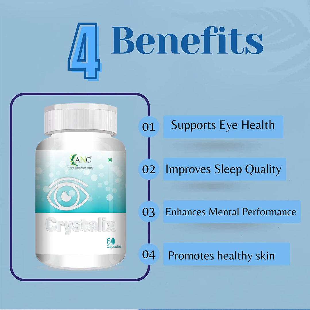 ANC Crystalix Eye Supplement Lutein, Zeaxanthin, Vitamin A, Vitamin B2, Vitamin E Support Eye Health, Helps in Improve Vision, Kids & Adults, Digital Safe Guard, Blue Light, Veg 60 Capsules